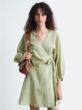 & Other Stories Linen Light Sage Green Long Balloon Sleeve Wrap Tie Mini Dress